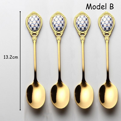 Set 4 bucăți linguri din ceramică linguriță de lux din oțel inoxidabil cu mâner din ceramică linguri de cafea vintage placate cu aur linguri de tort pentru desert