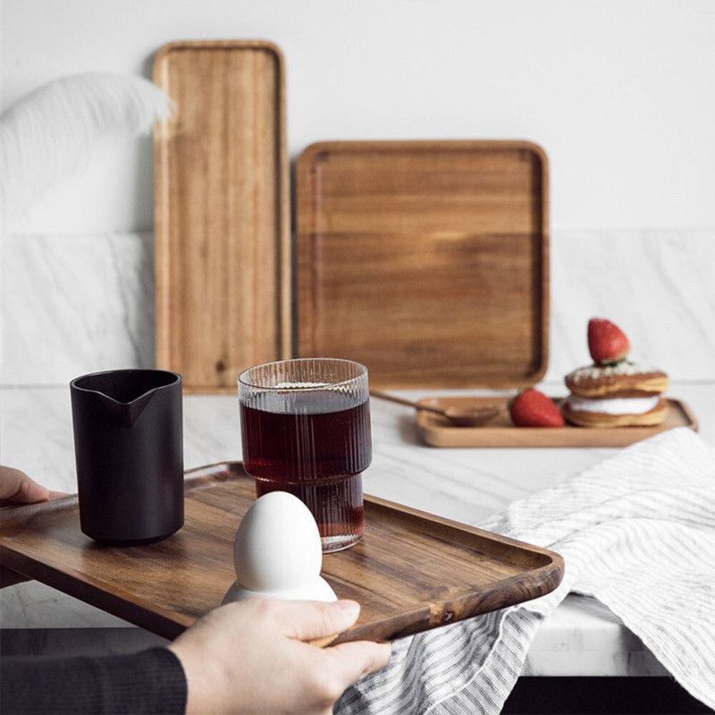 Drevený podnos z masívneho dreva, obdĺžnikový raňajkový tanier, sushi, občerstvenie, chlieb, dezert, grilovaný koláč, ľahko prenosný, multifunkčný