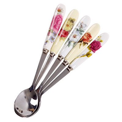 5Pcs/Set Keramička drška od nehrđajućeg čelika Žličica za čaj Kreativna žličica za kavu Žličica za med i sladoled Mala žličica za čaj 15 cm