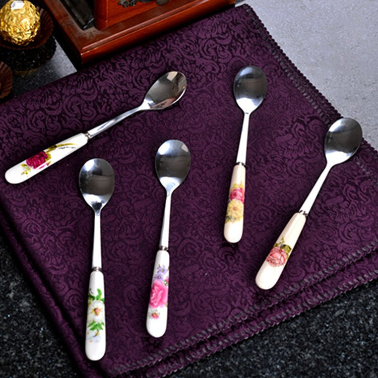 5Pcs/Set Keramička drška od nehrđajućeg čelika Žličica za čaj Kreativna žličica za kavu Žličica za med i sladoled Mala žličica za čaj 15 cm