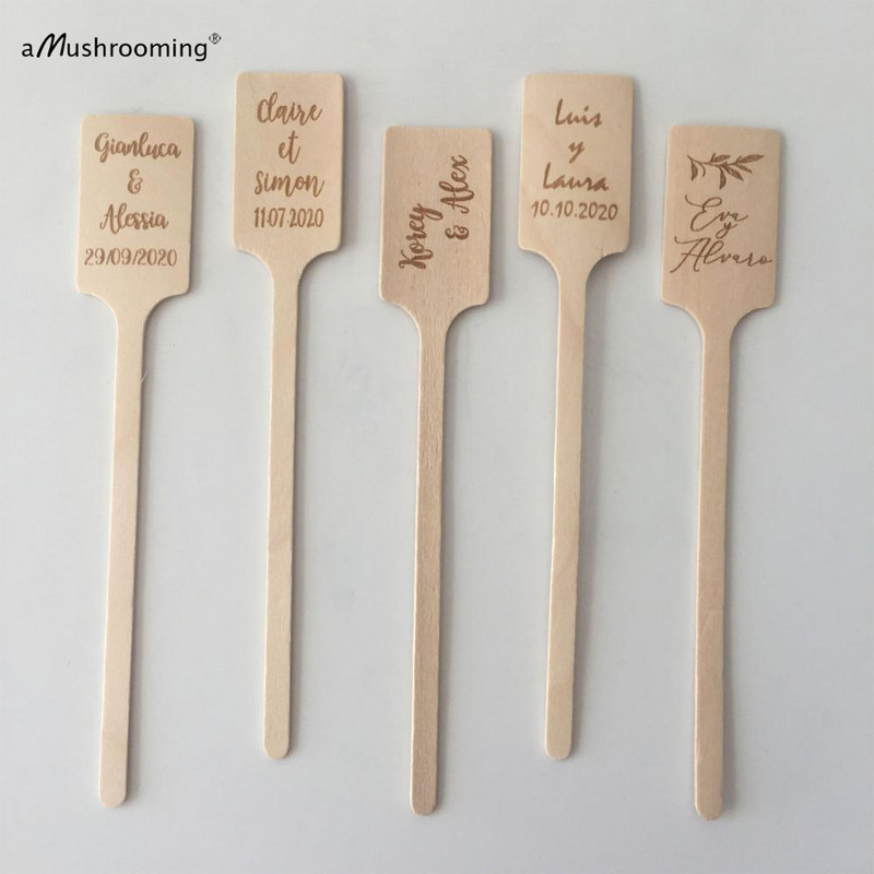 100db Név kezdőbetűi Dátum Gravírozott Eldobható Mini kanalak Koktélparti Keverő rudak Esküvői Eljegyzéshez Asztali dekoráció