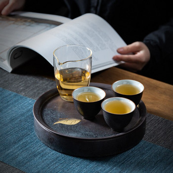 Керамична поднос за чай Малък двуслоен тип съхранение на вода Поднос за сух чай Японска домакинска кръгла маса за чай Чинийка Поднос за маса