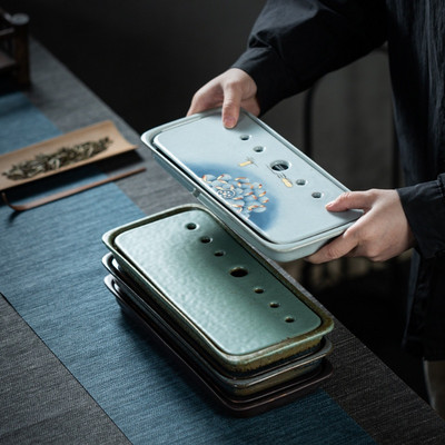 Keramický čajový tácok Jingdezhen v japonskom štýle, malý obdĺžnikový, dvojvrstvový, na uchovávanie vody, suchý čajový tácok na nalievanie