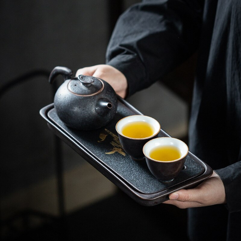 Keramický čajový tácok Jingdezhen v japonskom štýle, malý obdĺžnikový, dvojvrstvový, na uchovávanie vody, suchý čajový tácok na nalievanie