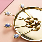 Set 4 bucăți linguri ceramice lingurițe de lux din oțel inoxidabil cu mâner din ceramică linguri de cafea vintage placate cu aur linguri de tort pentru desert