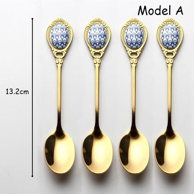 Set 4 bucăți linguri ceramice lingurițe de lux din oțel inoxidabil cu mâner din ceramică linguri de cafea vintage placate cu aur linguri de tort pentru desert