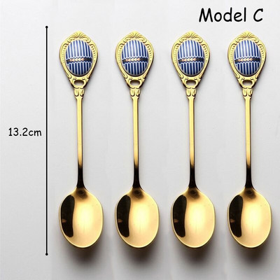 Set 4 bucăți linguri ceramice lingurițe de lux din oțel inoxidabil cu mâner din ceramică linguri de cafea vintage placate cu aur linguri de tort pentru desert