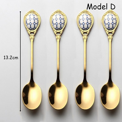Set 4 bucăți linguri ceramice lingurițe de lux din oțel inoxidabil cu mâner din ceramică linguri de cafea vintage placate cu aur linguri de tort pentru desert