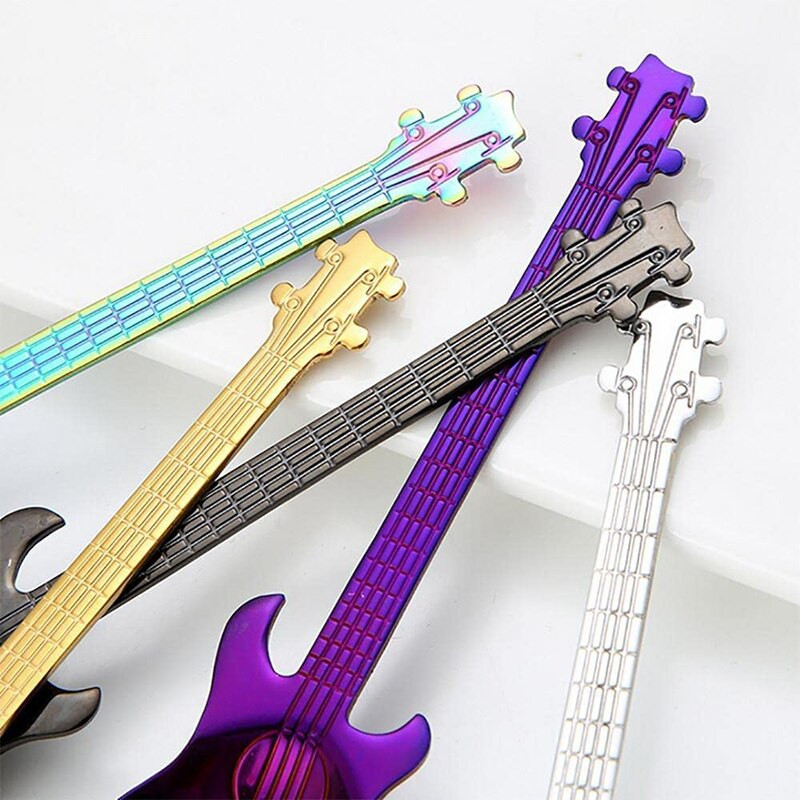 7-dielna sada gitarových lyžičiek, sada nerezových čajových lyžičiek a jedálenských lyžíc, dezertné lyžičky na kávu a cukor na zmrzlinu a mliečny kokteil.