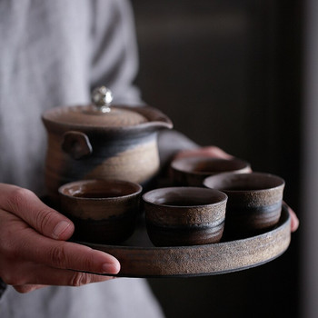 Поднос Ръчна реколта позлатен диск с чаена чинийка Керамична обикновена поднос с сух лук с вода Китайска маса за чай Поднос за чаена церемония