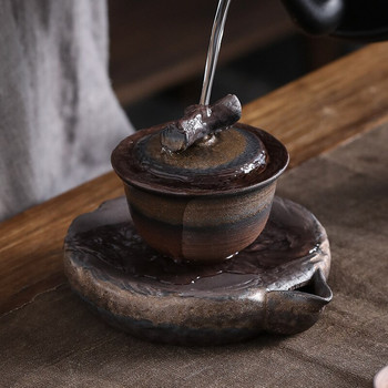 Творчески лагер за съхранение на чайник Ръчна каменина Hu Dian Ретро керамичен кунг-фу чай Позлатени табли за сервиране на суха маса за чай