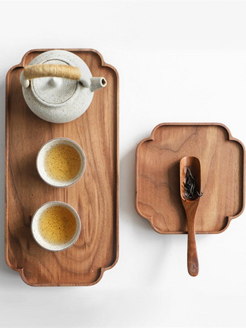 Дървена тава за сервиране на чай Kungfu Черен орех Правоъгълна тава за съхранение Творческа дантелена тава Дървена тава в китайски стил Поднос за китайски чай