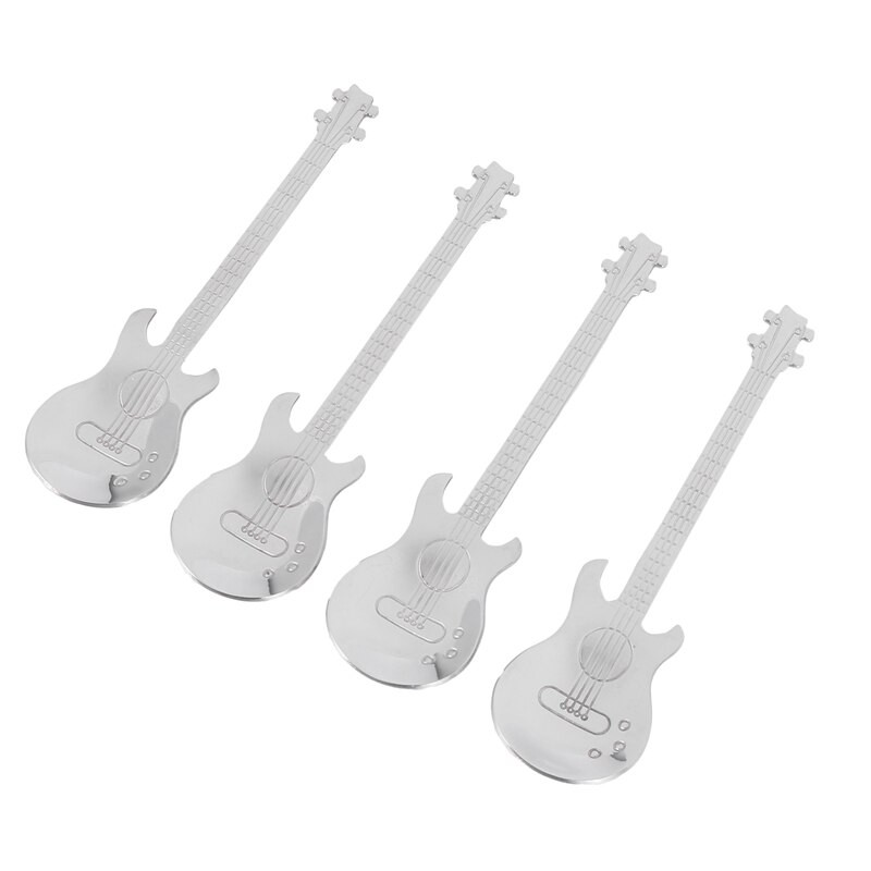 Gitarové kávové lyžičky, 8 ks nerezových hudobných kávových lyžičiek, čajových lyžičiek, miešacích lyžičiek a lyžičiek na cukor (strieborné)