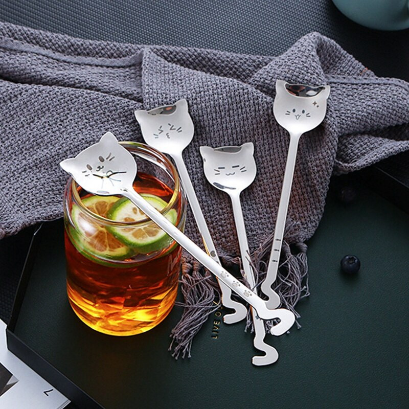 4 bucăți linguriță de ceai creativă pentru cafea cu coadă lungă lingură de cafea pentru pisică lingură cu mâner lung vesela de masă din oțel inoxidabil 304 cadou