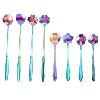 Set de 8 bucăți de linguri de flori, 2 lingurițe colorate din oțel inoxidabil de dimensiuni diferite, lingură curcubeu pentru amestecarea cafelei