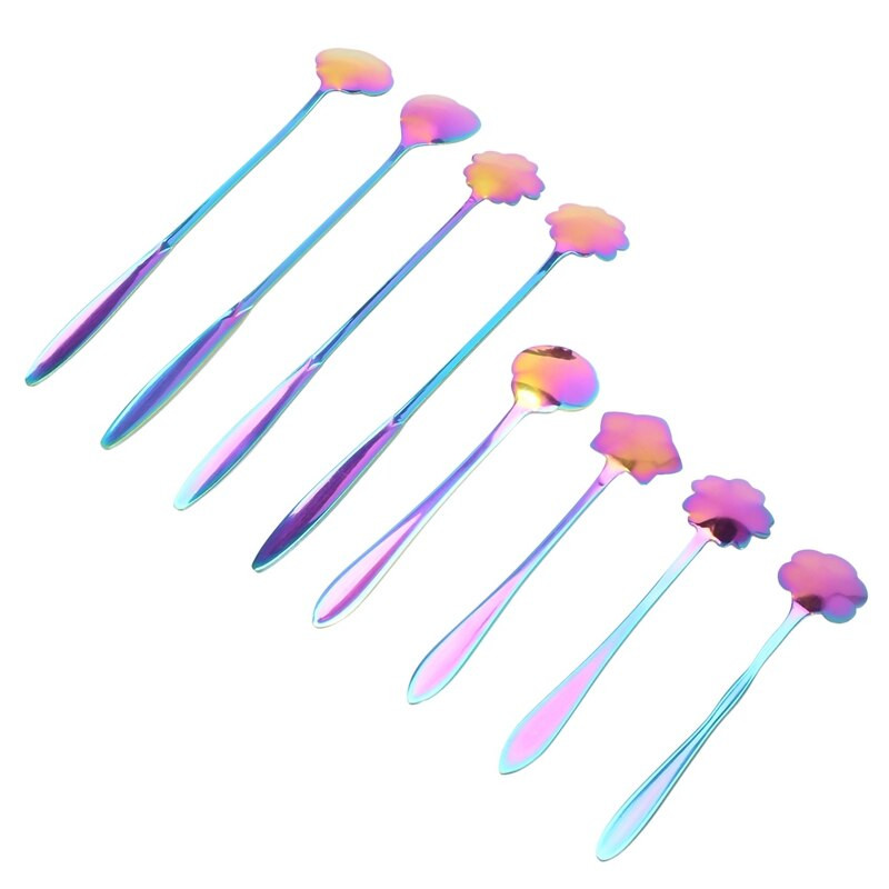 Set de 8 bucăți de linguri de flori, 2 lingurițe colorate din oțel inoxidabil de dimensiuni diferite, lingură curcubeu pentru amestecarea cafelei