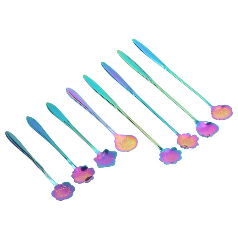 Set de 8 bucăți de linguri de flori, 2 lingurițe colorate din oțel inoxidabil de dimensiuni diferite, lingură curcubeu pentru amestecarea cafelei