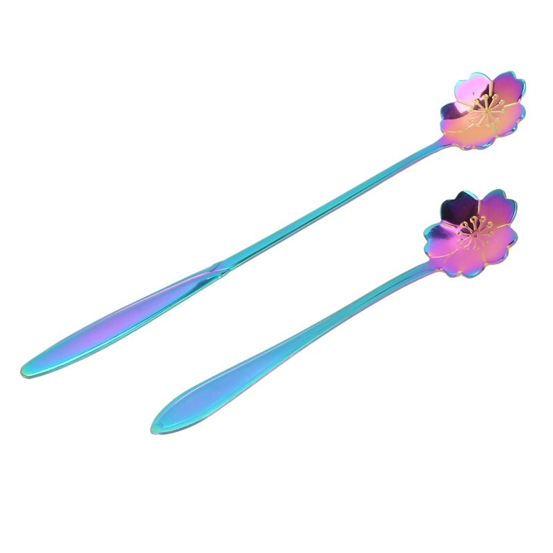 Set de 8 bucăți de linguri de flori, 2 lingurițe colorate din oțel inoxidabil de dimensiuni diferite, lingură curcubeu pentru amestecarea cafelei