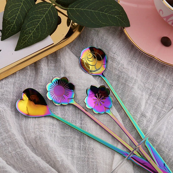 8 бр. Комплект лъжици за цветя, 2 цветни чаени лъжички от неръждаема стомана с различни размери Лъжица за разбъркване на кафе Rainbow