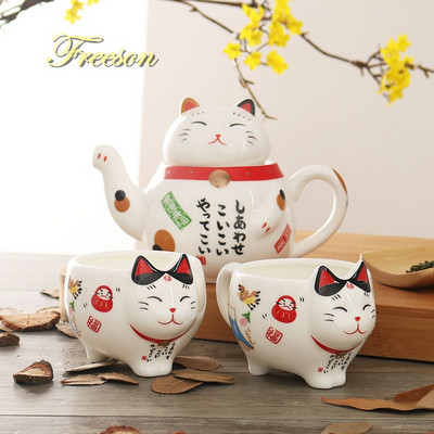 Set de ceai din porțelan cu pisică norocoasă japonez drăguț, ceainic creativ de ceai Maneki Neko, din ceramică, cu strecurătoare, ceainic cu pisică minunată Plutus