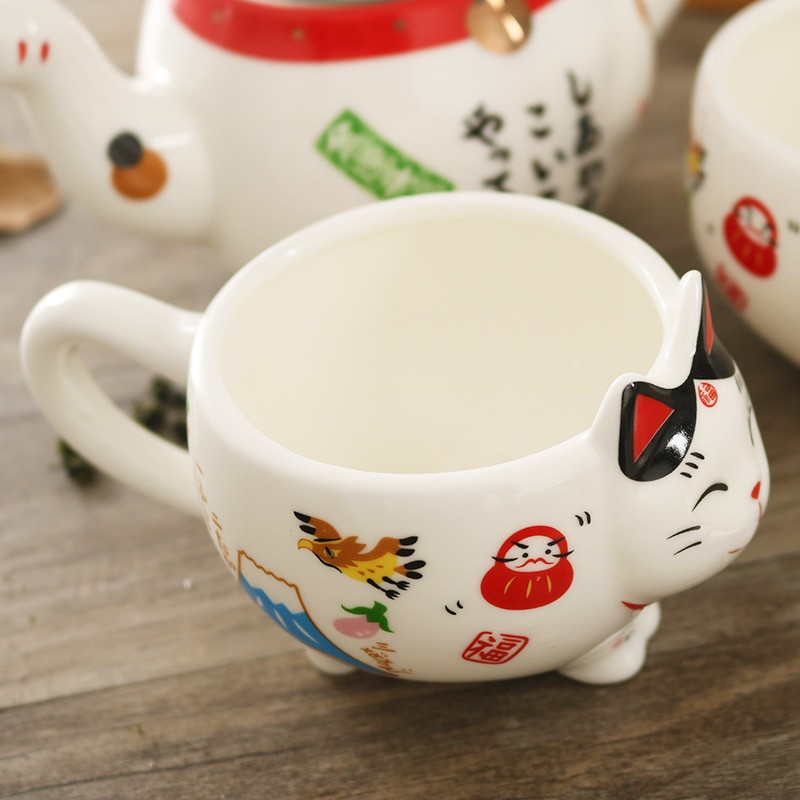 Mielas japonų Lucky Cat porcelianinis arbatos rinkinys Creative Maneki Neko Keraminis arbatos puodelis su sieteliu Lovely Plutus Cat arbatinuko puodelis
