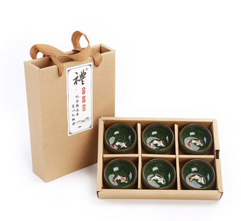 Подаръчен пакет от 6 бр. 3D Златна рибка Китайски комплект чаши за чай, Кунг Фу Чаен комплект Crackle Glaze Travel Tea Bowl Комплекти китайски чаши за чай