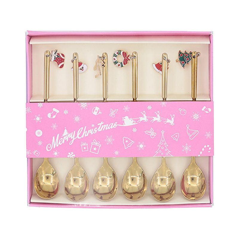 Лъжица за кафе от неръждаема стомана, 6 бр. Коледен венец, камбанки с дръжка, Лъжица за многократна употреба за смесване на лъжица за кафе