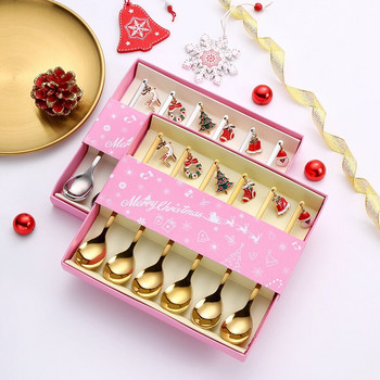 6PCS комплекти лъжица за кафе и вилица Лъжица за кафе Творчески десерт Чаена лъжица Лопата Кутия за коледен подарък Лъжица за разбъркване Коледен подарък