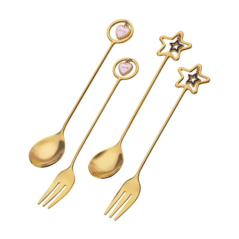 6 buc/set Linguriță de cafea din oțel inoxidabil Furculiță pentru desert Ornamente de inimă de stea Linguriță