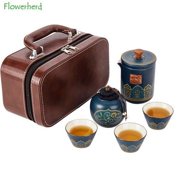 Керамичен порцеланов сервиз за чай Kung Fu Чаен сервиз за пътуване на открито Чаен пакет против изгаряне Една тенджера Чайник с три чаши с филтър