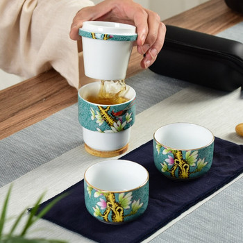 Творчески преносим Пътуващ керамичен сервиз за чай, една тенджера, две чаши, подаръчен комплект, порцеланов сервиз за чай Кунг-фу, чанта за съхранение, сервиз за чай, бизнес подарък