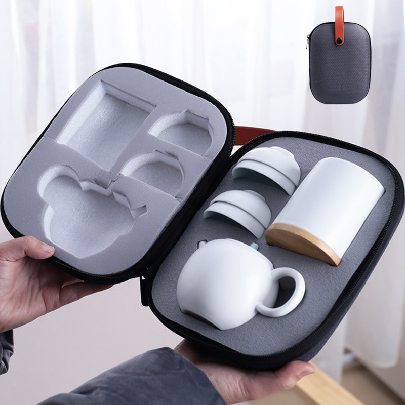 Творчески преносим Пътуващ керамичен сервиз за чай, една тенджера, две чаши, подаръчен комплект, порцеланов сервиз за чай Кунг-фу, чанта за съхранение, сервиз за чай, бизнес подарък