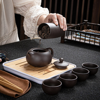 Сервиз за чай за пътуване с лилава глина Yixing Чайник Чаша Чаша Супник Инфузер Китайска чаена церемония Комплекти за чай на открито/домашно