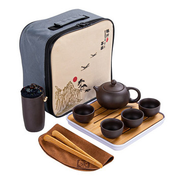 Сервиз за чай за пътуване с лилава глина Yixing Чайник Чаша Чаша Супник Инфузер Китайска чаена церемония Комплекти за чай на открито/домашно
