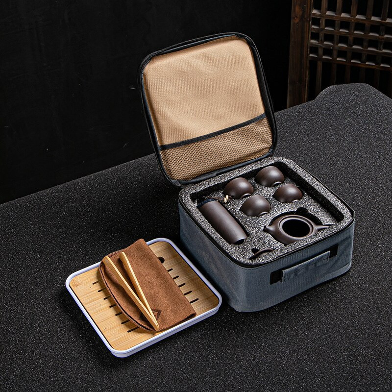 Сервиз за чай за пътуване с лилава глина Yixing Чайник Чаша Чаша Супник Инфузер Китайска чаена церемония Комплекти за чай на открито/домашно