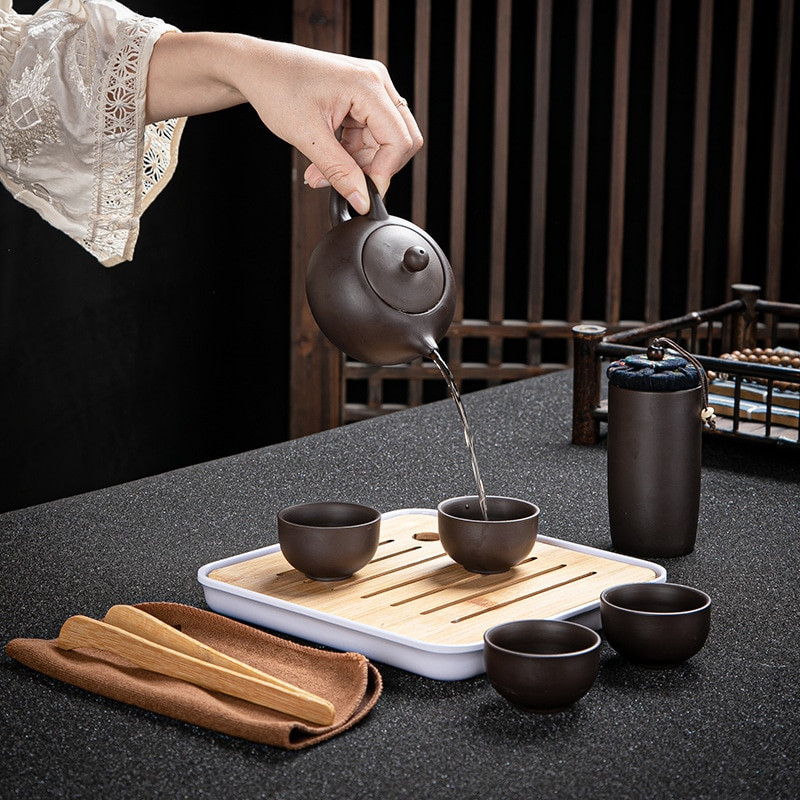 Сервиз за чай за пътуване с лилава глина Yixing Чайник Чаша Чаша Супник Инфузер Китайска чаена церемония Комплекти за чай на открито/домашно