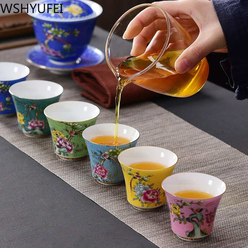4 kom/set Jingdezhen izvrsna keramička šalica za čaj Ručno oslikano cvijeće i ptice emajl Set za čaj Putna prijenosna zdjela za čaj Master Cup