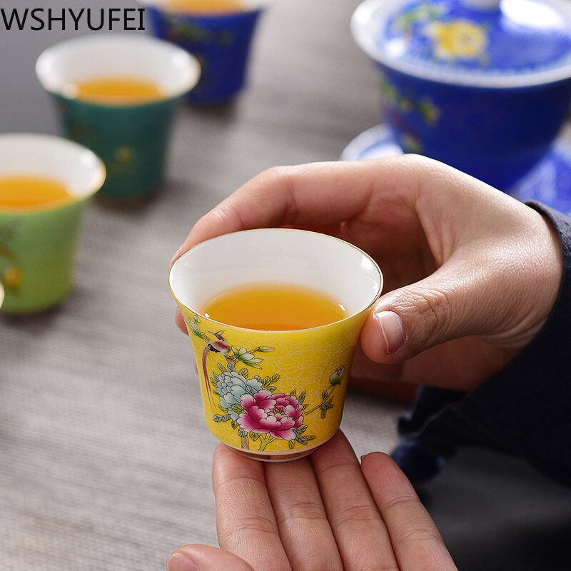 4 kom/set Jingdezhen izvrsna keramička šalica za čaj Ručno oslikano cvijeće i ptice emajl Set za čaj Putna prijenosna zdjela za čaj Master Cup
