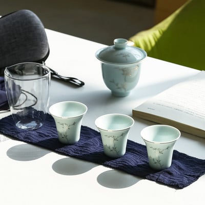 Prenosná cestovná súprava čajníkov do exteriéru s 3 mini šálkami, 1 gaiwan, porcelánová japonská čajová súprava, obradná súprava Gaiwan, súprava na víno do domácnosti
