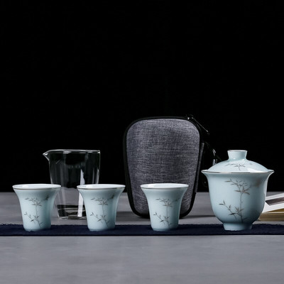 Prenosná cestovná súprava čajníkov do exteriéru s 3 mini šálkami, 1 gaiwan, porcelánová japonská čajová súprava, obradná súprava Gaiwan, súprava na víno do domácnosti