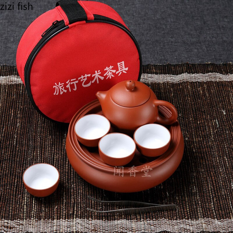 Set de ceai de călătorie, pungă roșie de depozitare, portabil, mov, ceașcă de nisip, oală din ceramică, tavă rotundă pentru ceai, ustensile de ceai Kung Fu, set de 7 piese.