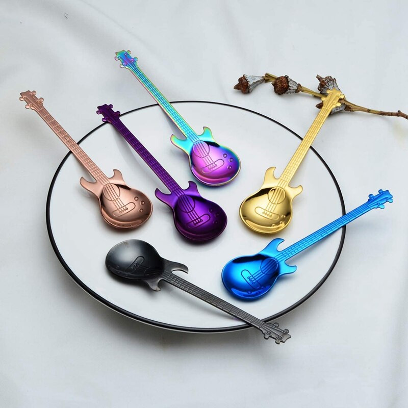Linguriță pentru masă Tacâmuri Chitară Linguri de cafea Pachet de 6 Linguri creative drăguțe Lingurițe din oțel inoxidabil în formă de chitară (multicolor)