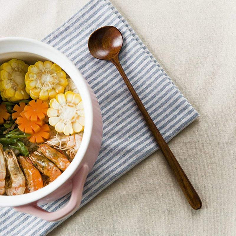 Ilgi mediniai šaukštai, 5 dalių korėjietiško stiliaus 10,9 colio 100% natūralaus medžio Ilgos rankenos apvalūs šaukštai sriubai virti Maišyklė