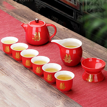 10 бр./компл. Керамичен червен сватбен сервиз за чай Подарък Порцелан Китайски прибори за чай Домакински чайник Подарък за булката Зестра Брачно тържество