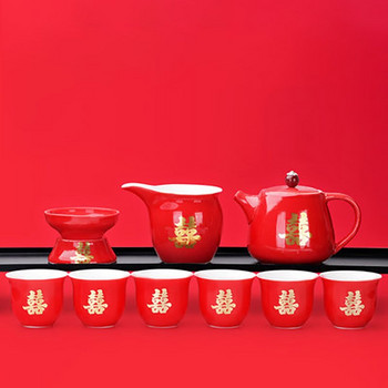 10 бр./компл. Керамичен червен сватбен сервиз за чай Подарък Порцелан Китайски прибори за чай Домакински чайник Подарък за булката Зестра Брачно тържество