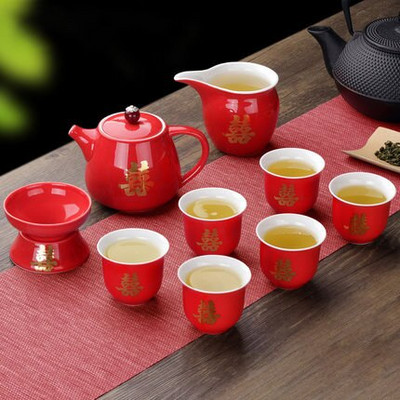 10 vnt./rinkinys Keraminis raudonos vestuvinės arbatos rinkinys Dovanų porcelianinis kiniškas arbatos indas Buitinis arbatinukas nuotakos dovana kraitis Santuokos šventė