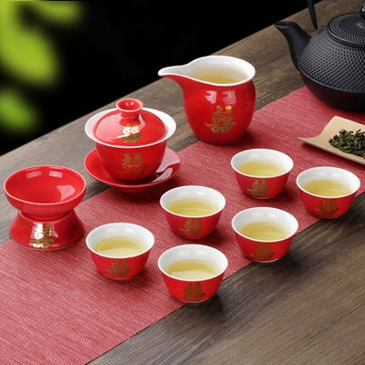 10 vnt./rinkinys Keraminis raudonos vestuvinės arbatos rinkinys Dovanų porcelianinis kiniškas arbatos indas Buitinis arbatinukas nuotakos dovana kraitis Santuokos šventė