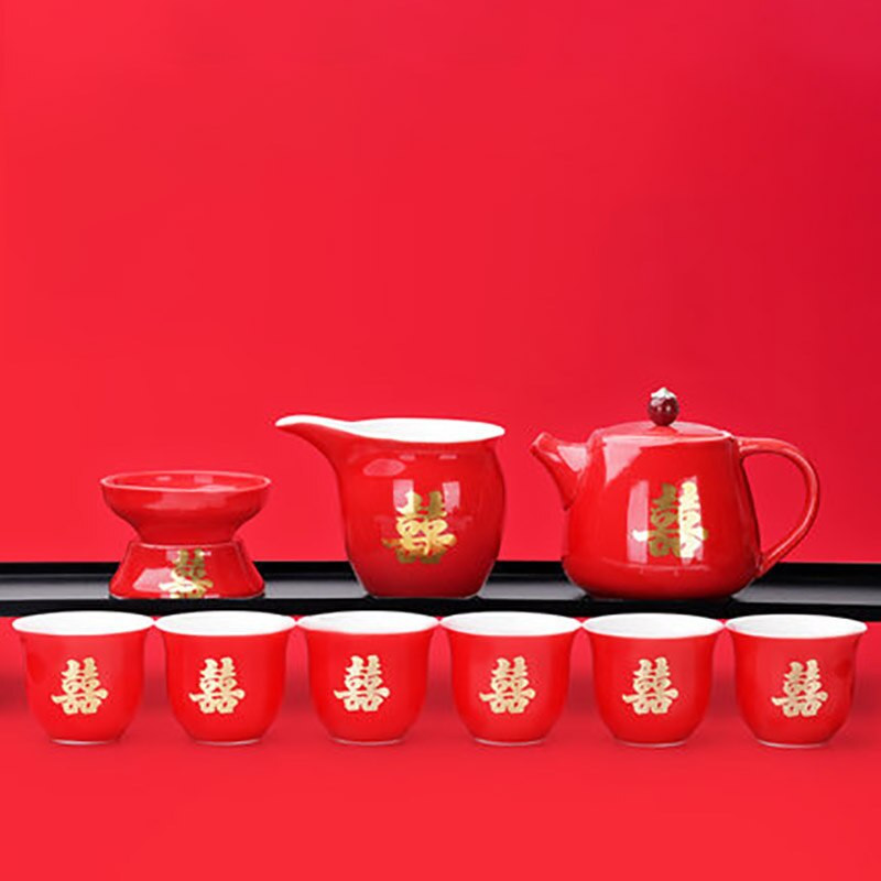 10 vnt./rinkinys Keraminis raudonos vestuvinės arbatos rinkinys Dovanų porcelianinis kiniškas arbatos indas Buitinis arbatinukas nuotakos dovana kraitis Santuokos šventė