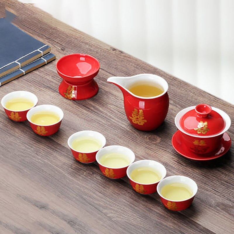 10 vnt./rinkinys Keraminis raudonos vestuvinės arbatos rinkinys Dovanų porcelianinis kiniškas arbatos indas Buitinis arbatinukas nuotakos dovana kraitis Santuokos šventė