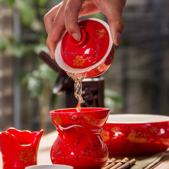Сервиз за чай Gaiwan от керамичен червен дракон, сервиз за чай, купа gai wan порцеланова чаша чаша за чай Kung Fu ръчно рисувана купа за чай сервиз за чай